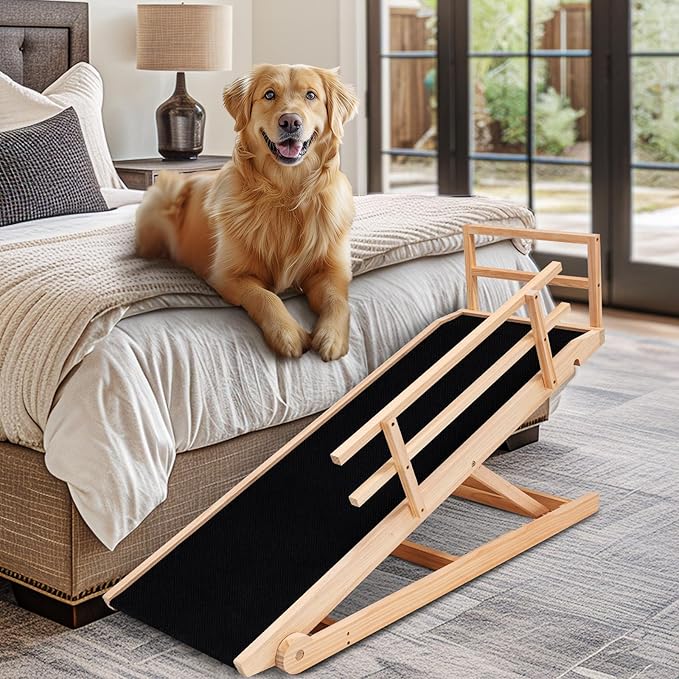 Dog Ramp, 5 Level Adjustable Wooden Folding Pet Ramp for Middle Bed, Couch,SUV-High Traction, Portable Paw Ramps for Small & Large Old Dogs & Cats - Furniture Quality-PawvioPets