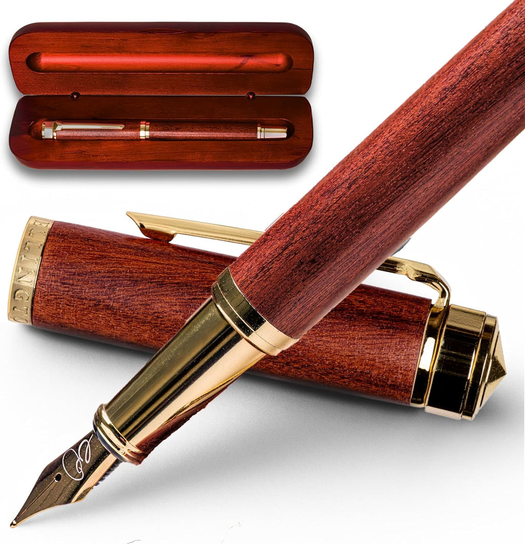 Ellington Pens Elegant Wood Fountain Pen Set – Includes Wooden Pen Box, Ink Converter, 6 Ink Cartridges, and Gift Box – Writing, Calligraphy