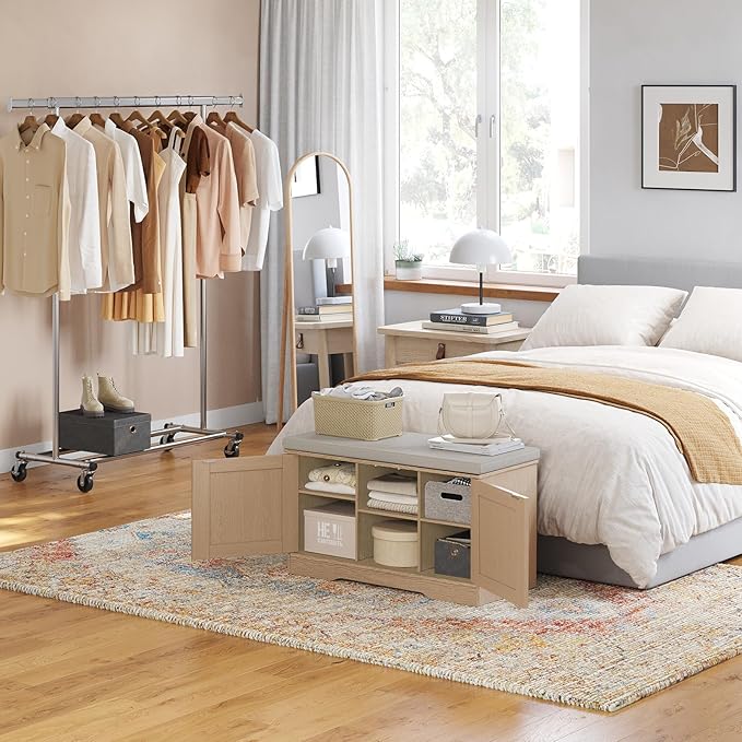 DINZI LVJ Shoe Bench, Entryway Storage Bench with Doors, Cushion, 2-Tier Shoe Rack with 6-Cubby, 31.5”L x 13.8”W Shoe Organizer Cabinet, Adjustable Shelf, Living Room, Bedroom, Natural-PawvioPets