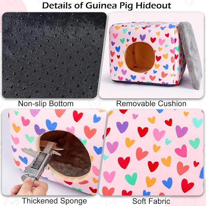 Bienbee Guinea Pig Hideout, Washable Guinea Pigs House Cozy Guinea Pigs Bed for Small Pet Bunny/Rabbit/Hamster/Chinchilla Guinea Pig Accessories Colorful Hearts-PawvioPets