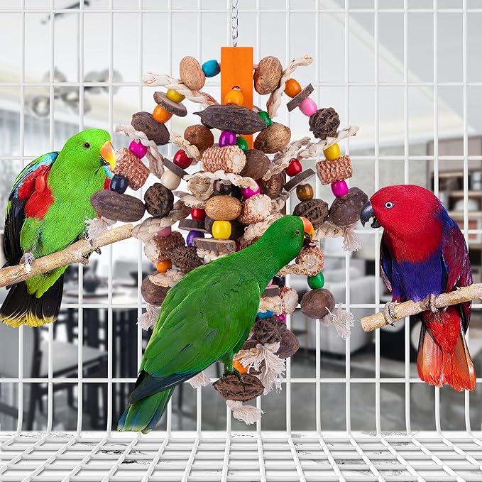 Deloky Large Parrot Bird Chewing Toys, Natural Nuts Corn Parrot Tearing Toy, Wooden Bird Cage Toy for African Grey, Macaws Cokatoos, Amazon Parrots and Other Large Birds-PawvioPets