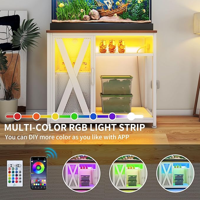 DWVO 40-50 Gallon Aquarium Stand with Power Outlets & LED Light, Cabinet for Fish Tank Accessories Storage - Metal Fish Tank Stand Suitable for Turtle Tank, Reptile Terrarium, 660LBS Capacity, White-PawvioPets