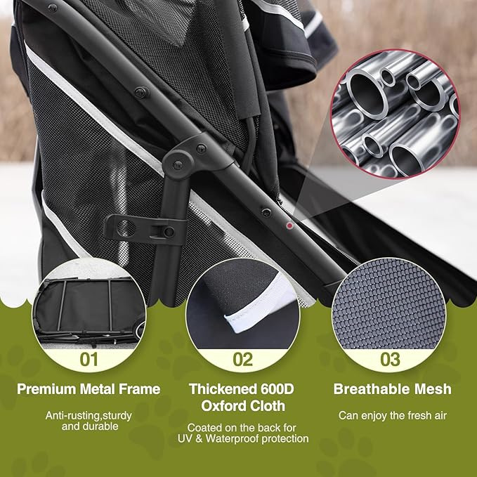 Dog Stroller for Medium/Large Dogs One-Click Folding, Extra Large Pet Stroller for 2 Dogs with Storage Pocket & Shock Absorption, Up to 130 lbs, Grey-PawvioPets