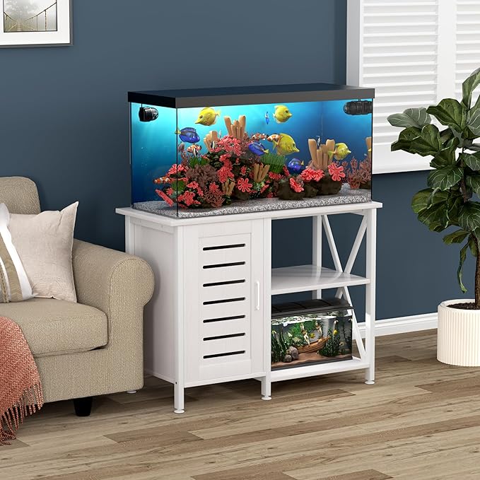 40-50 Gallon Fish Tank Stand, Aquarium Stand with Cabinet Accessories Storage, Heavy Duty Metal Frame, 40.55" L*18.89" W Tabletop, 850LBS Capacity, White PG02YGW-PawvioPets