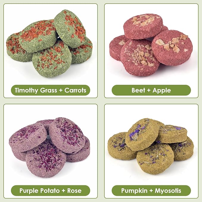 ERKOON 24Pcs Bunny Chew Toys, Small Animal Molar Toys Timothy Grass Beet Sweet Potato Pumpkin Cake Treats for Guinea Pig Hamster Bunny Chinchilla Gerbil, 100% Natural Rabbit Chews and Treats-PawvioPets