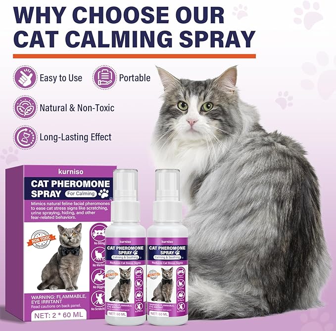 Cat Calming Pheromone Spray, 2 Pack, Calming Spray for Cat Anxiety Relief, Reduce Stress, Hiding & Scratching Furniture - During Travel, Fireworks, Thunder, 60 ML-PawvioPets
