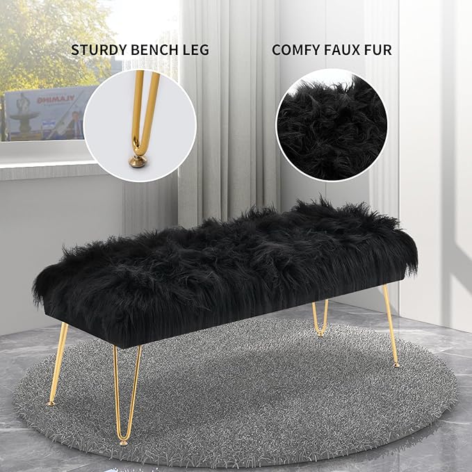 42.5 Inch Black Bedroom Bench, Benches for Bedroom White Faux Fur Upholstered Bed end Bench, Tufting Ottoman Bench Indoor Bench with Metal Legs for Living Room Bedroom Entryway, Black-PawvioPets