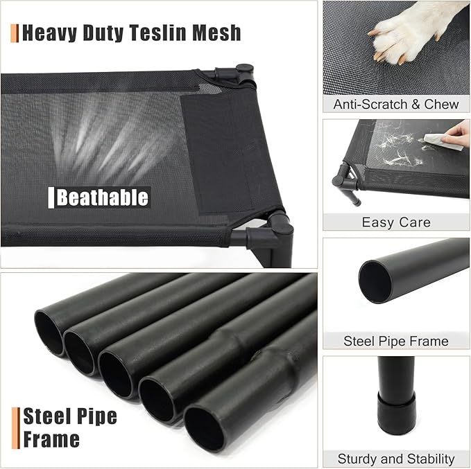 Elevated Dog Bed for Medium Dogs, Raised Dog Cot Beds Fits Up to 150 LBs, Heavy Duty Pet Cots with Durable Supportive Teslin Recyclable Washable Mesh, Indoor & Outdoor Dog Bed, Black-PawvioPets