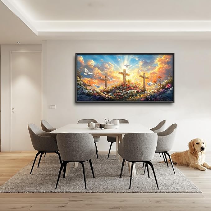 Framed Large Christian Jesus Wall Art, Oversized Floral Dove Wall Decor for Living Room, Landscape Canvas Painting Peaceful Pictures Modern Artwork for Living Room Bedroom Office 60"x30"-PawvioPets