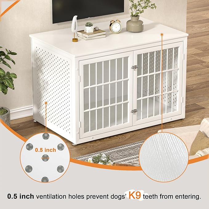 48" Heavy Duty Dog Crate Furniture for Large Dogs, Metal Cage for High Anxiety Dogs, Wooden Kennel Furniture Indoor, Decorative Dog Kennel End Table, XL,White-PawvioPets