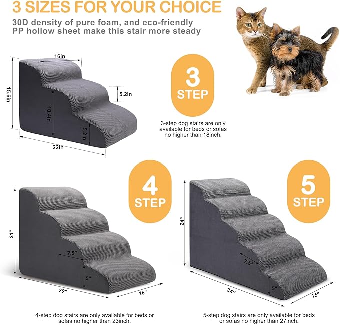 Dog Stairs for Bed, 5 Tier Dog Steps for Couch and High Bed, Non-Slip Pet Stairs, 24" High Sofa Foam Ramp - Best for Small Pets, Older Cats with Joint Pain-PawvioPets