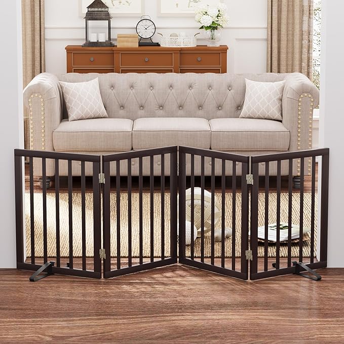 Freestanding Dog Gate Folding Brown Dog Gates for The House Doorways Stairs Pet Gates for Dogs, Doogie Puppy Fence Gate-PawvioPets
