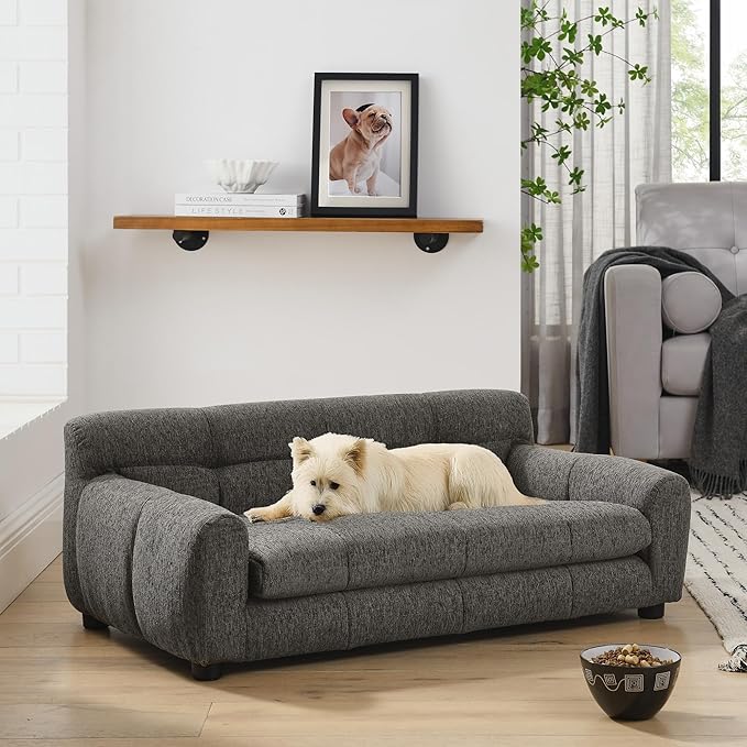 Dog Couch Bed, Mini Sofa for Dogs with Backrest and Armrest, Durable Pet Sofa with Soft Foam Cushion, Elevated Dog Couch Bed with Legs for Medium and Large Dogs, Stone Grey-PawvioPets