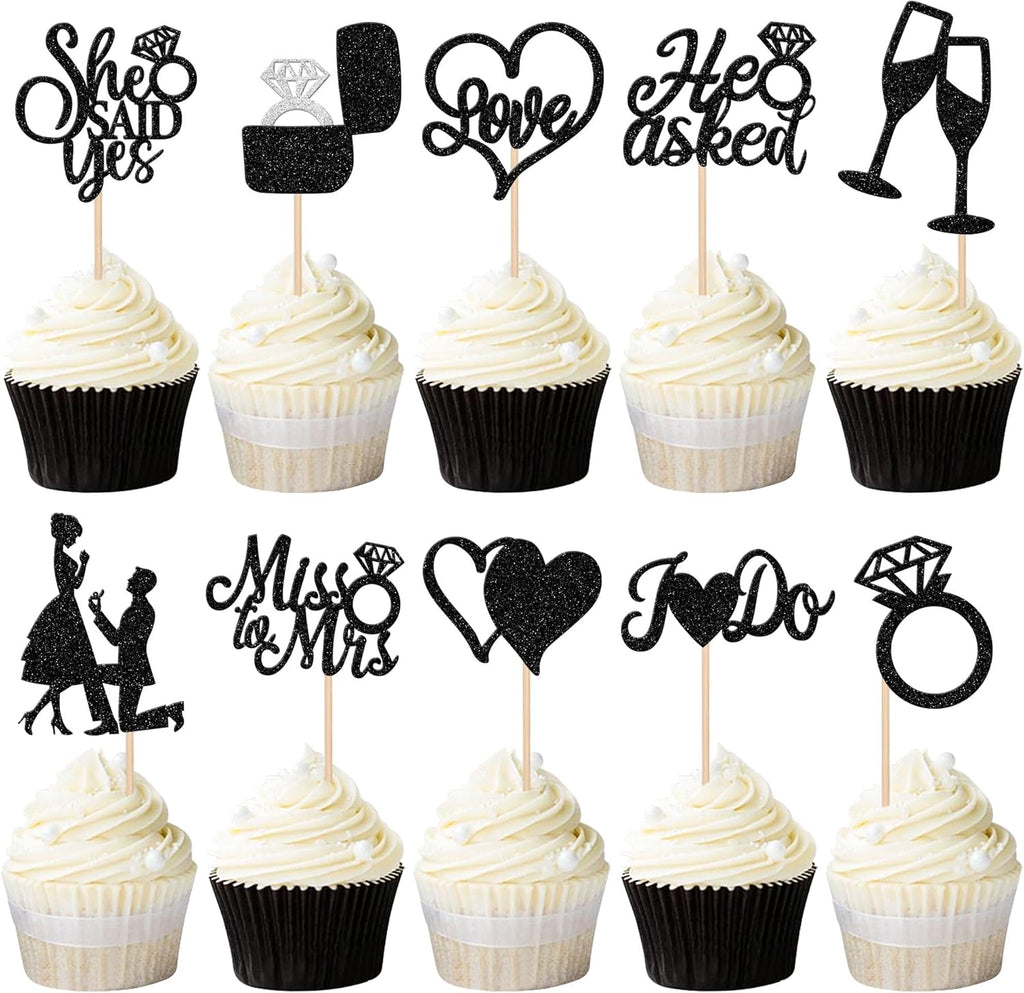 30 PCS He Asked She Said Yes Cupcake Toppers Glitter Engagement Cupcake Toppers Miss to Mrs I Do Love Heart Ring Miss to Mrs Cupcake Picks for Wedding Engagement Party Cake Decorations Supplies Black