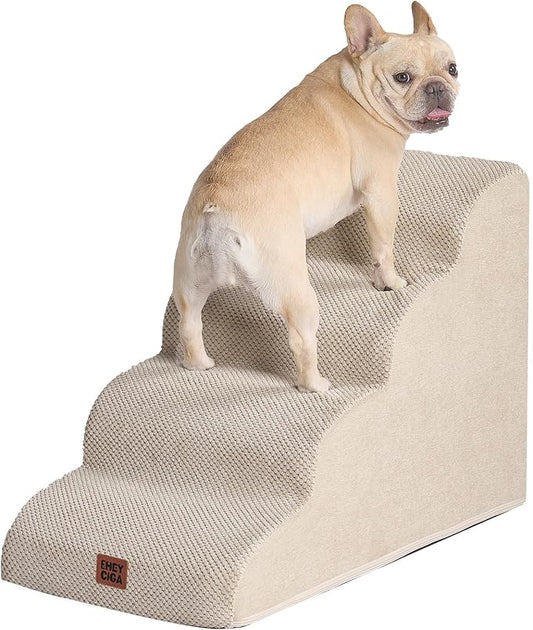 EHEYCIGA Curved Dog Stairs Ramp for High Beds 19.7" H, 4-Step Dog Steps for Small Dogs and Cats, Pet Stairs for High Bed Climbing, Non-Slip Balanced Pet Step Indoor, Beige-PawvioPets