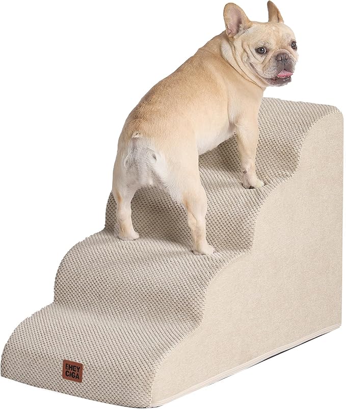 EHEYCIGA Curved Dog Stairs Ramp for High Beds 19.7" H, 4-Step Dog Steps for Small Dogs and Cats, Pet Stairs for High Bed Climbing, Non-Slip Balanced Pet Step Indoor, Beige-PawvioPets