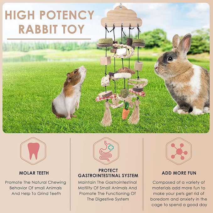 Bissap Rabbit Chew Toy, Bunny Cage Hanging Chew Toys and Treats Wooden with Snacks for Guinea Pigs Chinchillas Hamsters Rats and Other Small Pets Teeth Grinding-PawvioPets