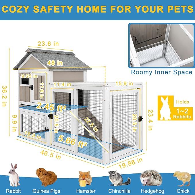 48" L Rabbit Hutch Outdoor Indoor Bunny Hutch Weatherproof, 2-Story Wood Rabbit Cage with Deep Tray, Chew-Resistant Ramp, UV Roof, Bunny House for Small Animal, Expandable Guinea Pig Cage-PawvioPets