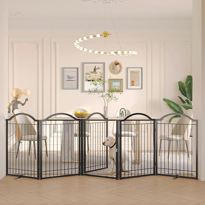 BHG Metal No-Assembly Freestanding Dog Gate with Door Walk Through, Extra Wide 120", Extra Tall 32" Pet Gate, Accordion Puppy Folding Playpen Dog Fence, with 2PCS Support (Black, 5 Panels)-PawvioPets