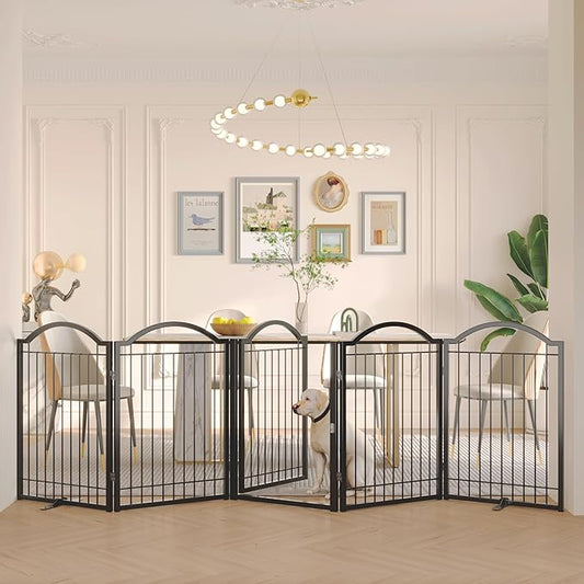 BHG Metal No-Assembly Freestanding Dog Gate with Door Walk Through, Extra Wide 120", Extra Tall 32" Pet Gate, Accordion Puppy Folding Playpen Dog Fence, with 2PCS Support (Black, 5 Panels)-PawvioPets