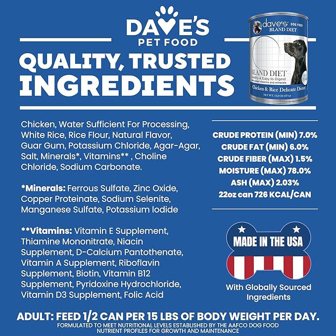 Dave's Dog Food Bland Diet Dog Food for Sick Dogs with Upset Stomach (Chicken & Rice), Economy Size for Large Pups or Big Eaters, Sensitive Stomach, 22 oz (Case of 12)-PawvioPets