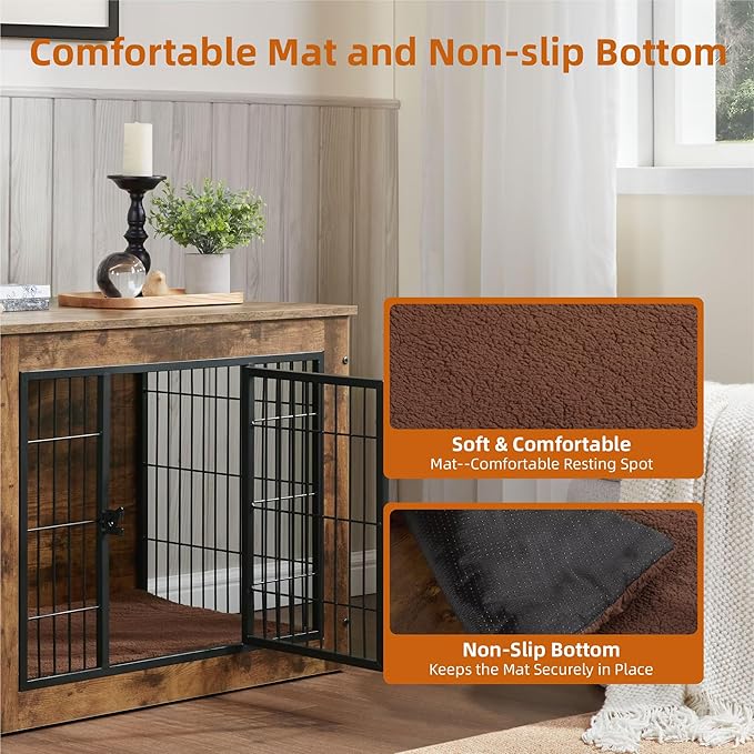 FLEXIMOUNTS Dog Crate Furniture with Cushion, Wooden Dog Kennel Furniture, Heavy Duty Dog Cage, 40" Dog Kennel with Double Doors, L-PawvioPets