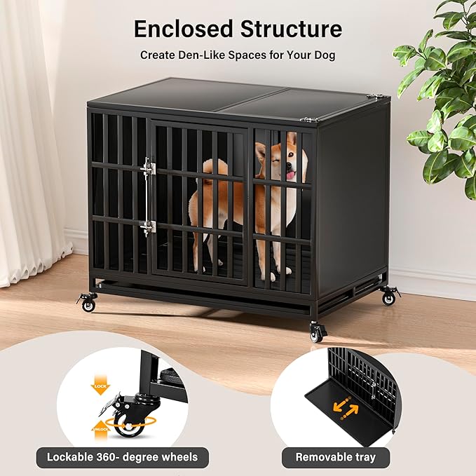 38 inch Heavy Duty Dog Crate with Self-Locking Latch, Indestructible Steel Large Kennel with Enclosed Design, Chew-Proof and Escape-Proof Pet Cage for High Anxiety Dogs-PawvioPets