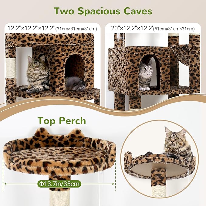 Globlazer Heavy Duty Cat Trees for Large Cats, Sturdy 72in Maine Coon Cat Tree for Large Cat 20 lbs+ Heavy Duty Cat Tower for Adult Biggest Cats with 6 Scratching Posts, Hammock, S72, Leopard Print-PawvioPets