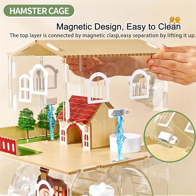 17 in 1 Clear Acrylic Hamster Cage with All Accessories,13.5''L* 10''W* 21''H Dwarf Hamster Cage,Magnetic Connection Small Hamster Enclosure,Garden Style Wooden Mouse Cage for Pet Mice(3-Layer,Pink)-PawvioPets