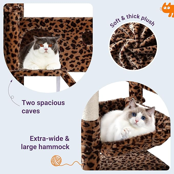 Allewie 81 Inches Tall Cat Tree/Multi-Level Large Climbing Tree House and Towers for Big Feline/Condo and Hammock/Scratching Post/Wide Base/Leopard Print-PawvioPets