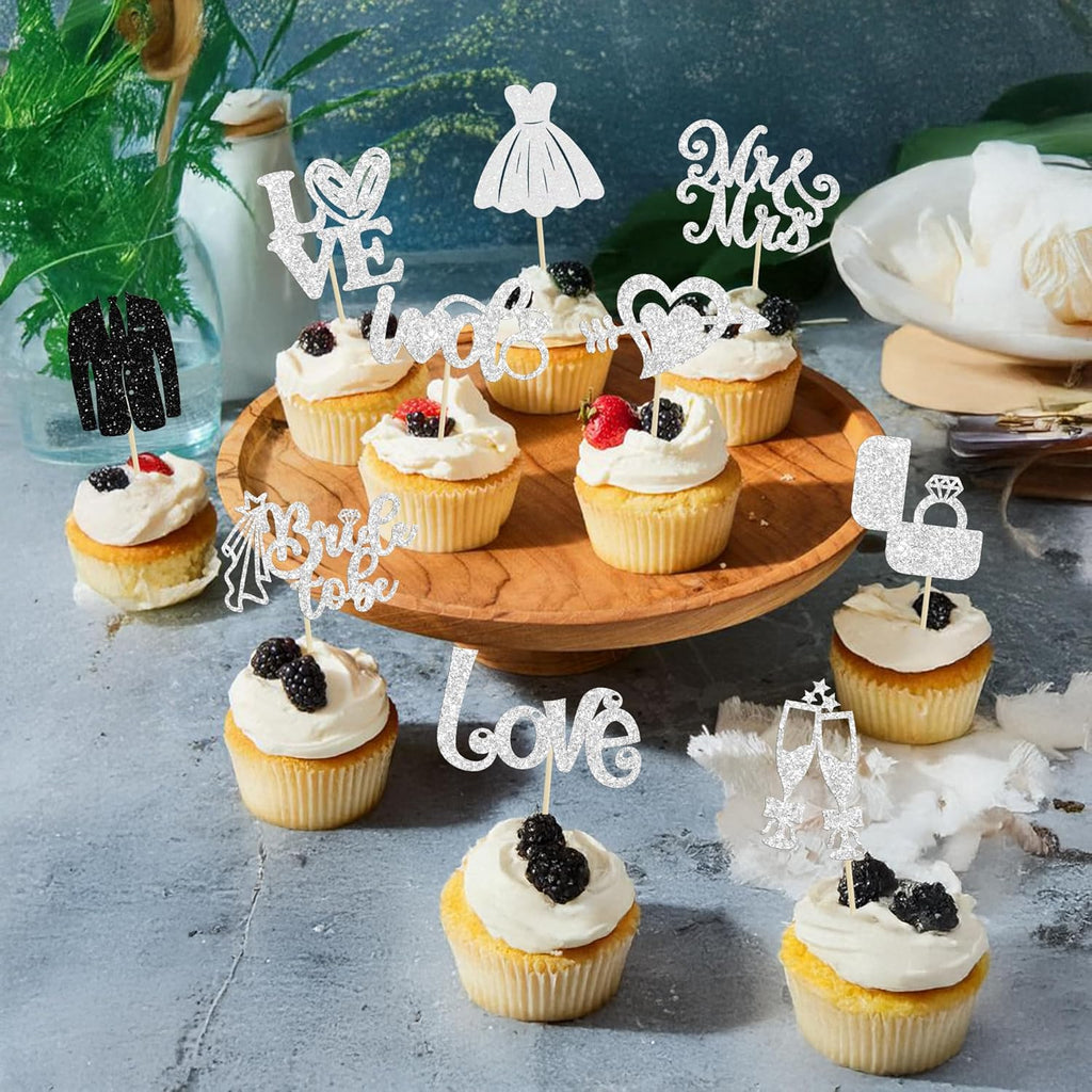Ephlyn 30Pcs Bride to be Cupcake Toppers Glitter Diamond Ring Love I Do Cupcake Picks for Miss to Mrs Bridal Shower Wedding Engagement Bachelorette Cupcake Decorations Party Supplies Silver