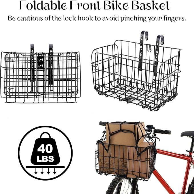 Aodaer Bike Basket with Removable Liner Bag Cargo Net Large Folding Bike Basket Quick Release Metal Ebike Basket Bicycle Storage Basket for Carrying Fruit & Grocery Pets Dogs-PawvioPets