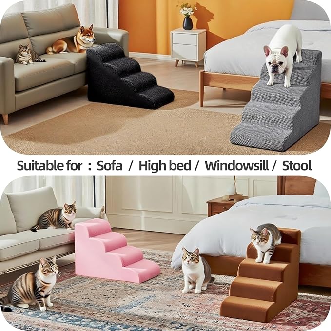 5 Step Pet Stairs Ramp for High Beds Sofas 5-30 Inch with Sturdy Non Slip Waterproof Pads, Machine Washable Cover Indoor Balanced Design for Cats Dogs Small Medium Large XL Pets Grey (Grey, Large, 1)-PawvioPets