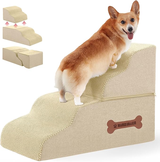 Dog Stairs 4 Steps for Small Dogs and Cats to Get on High Beds, Couch or Car, Pets Can Climb, Sit, Lie Down or Perch to Look Out Windows on The Spliceable Ramp, Provides Support, Beige（19" H）-PawvioPets