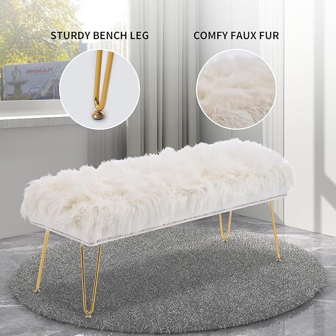 46 Inch White Bedroom Bench, Benches for Bedroom White Faux Fur Upholstered Bed end Bench, Tufting Ottoman Bench Indoor Bench with Metal Legs for Living Room Bedroom Entryway, White-PawvioPets