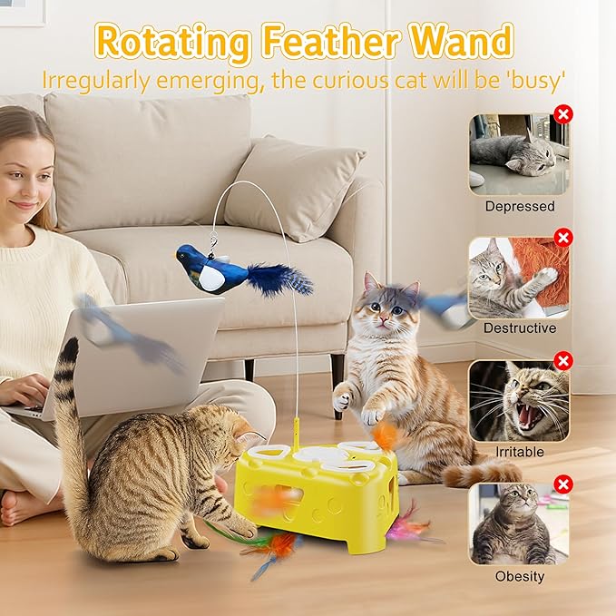 3-in-1 Interactive Cat Toy for Indoor Cats,Automatic Kitten Toys,Flying Bird,6 Holes Mole,Rotating Feather, USB Rechargeable Electronic Interactive Feather Toy for Bored Adult & Kitten Cats-PawvioPets