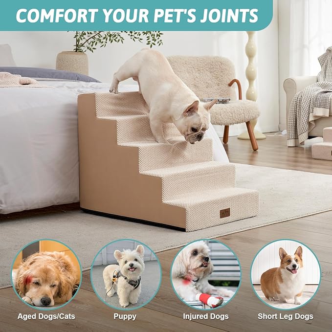 Dog Stairs for Small Dogs, 5 Tier Wider Pet Stairs for High Beds, 23.6" H Non-Slip Dog Steps for Old Cats, Puppies, Small Medium Dogs, 29.5x19.7x23.6 inch, Beige-PawvioPets