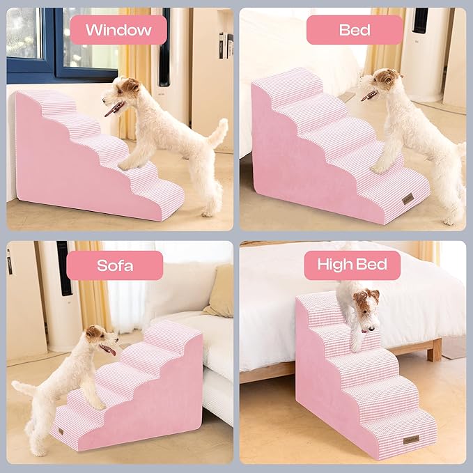 Curved Dog Stairs for High Bed Up to 26", 5-Step Dog Ramp for Small Dogs with Washable Cover, Non-Slip Steps for Cats to Get on Couch and Sofa, Durable Foam Ladder for Medium Breeds, White Pink-PawvioPets