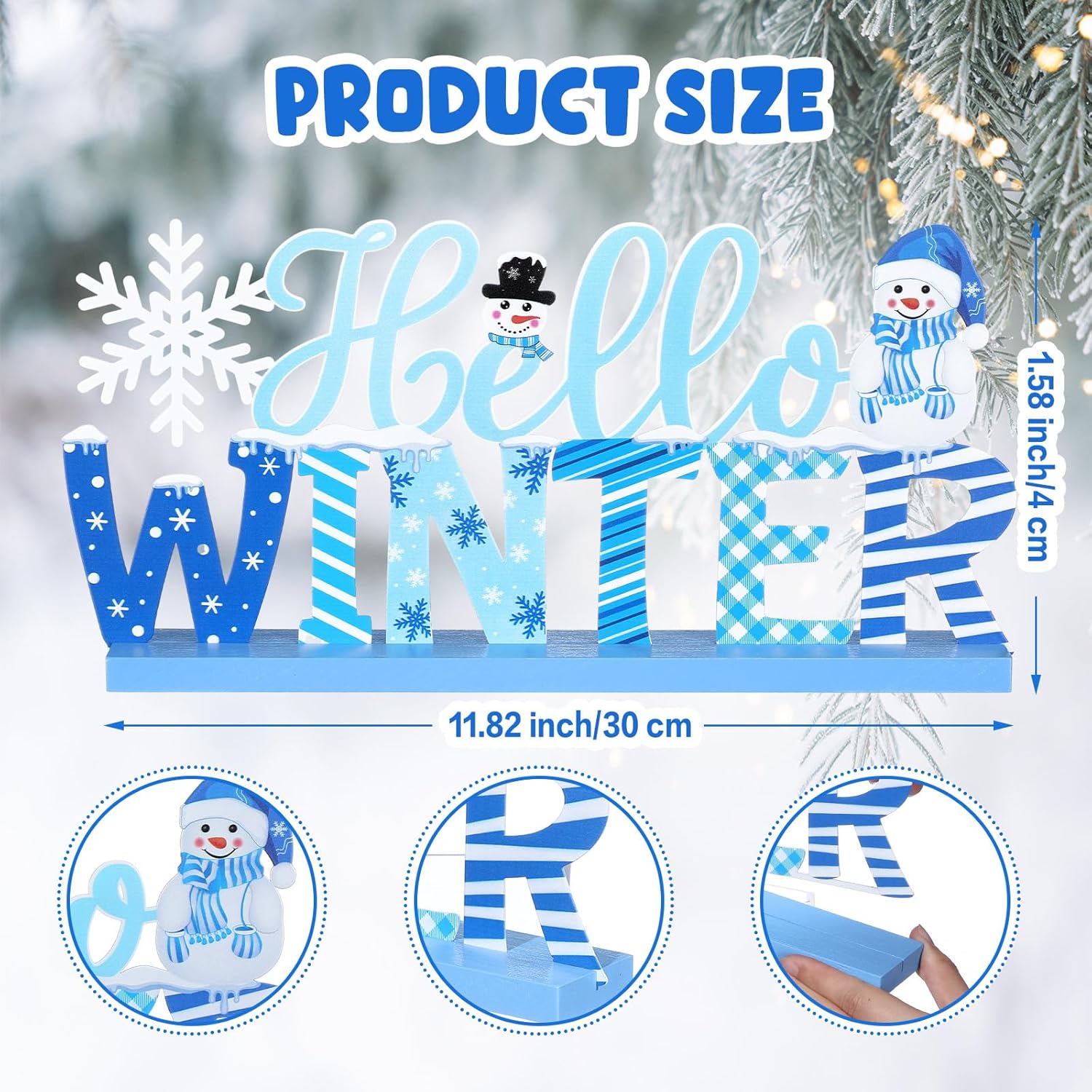 Winter Metal Sign Hello Winter Table Decor Christmas Tiered Tray Decor with Wooden Base Metal Blue and White Snowman Snowflake for Xmas Home Tabletop Centerpiece Mantel Shelf Fireplace