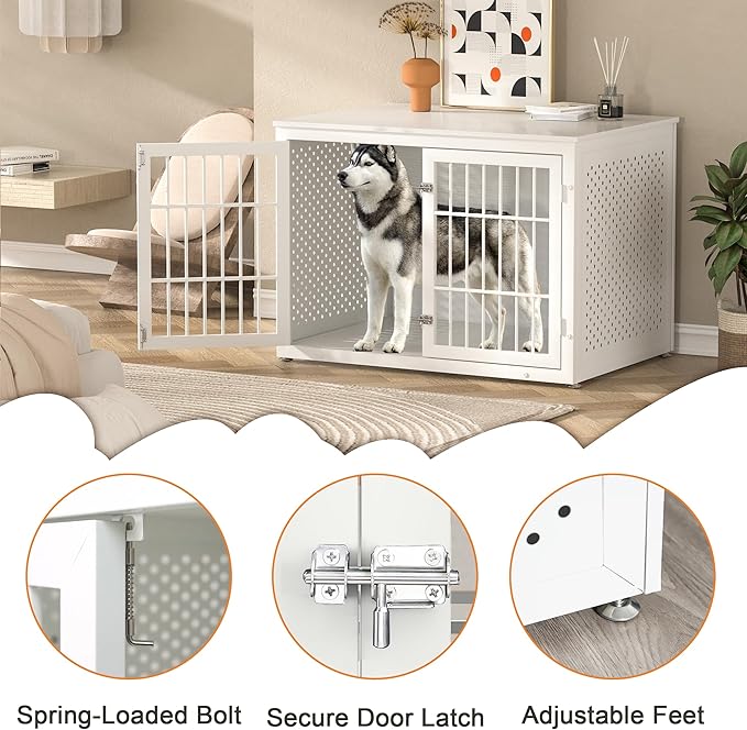 42" Heavy Duty Dog Crate Furniture for Large and Medium Dogs, Enclosed Design Wooden Metal Kennel, Wooden Cage Furniture Indoor, Decorative Dog Kennel End Table-PawvioPets