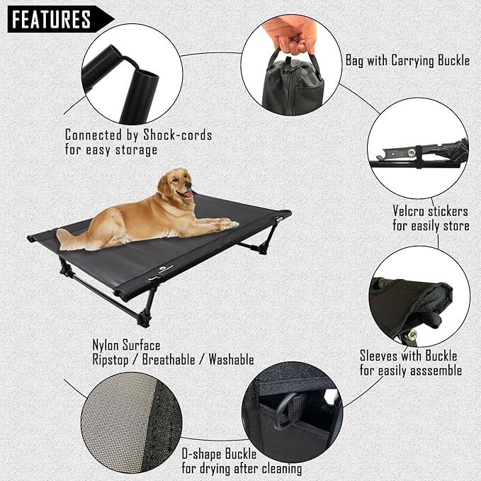 Folding Elevated Dog Bed – Portable Collapsible Raised Dog Cots Cooling Pet Bed with Aluminum Frame, Lever Locking System, Breathable Mesh for Camping, Beach, Lawn, Travel-PawvioPets