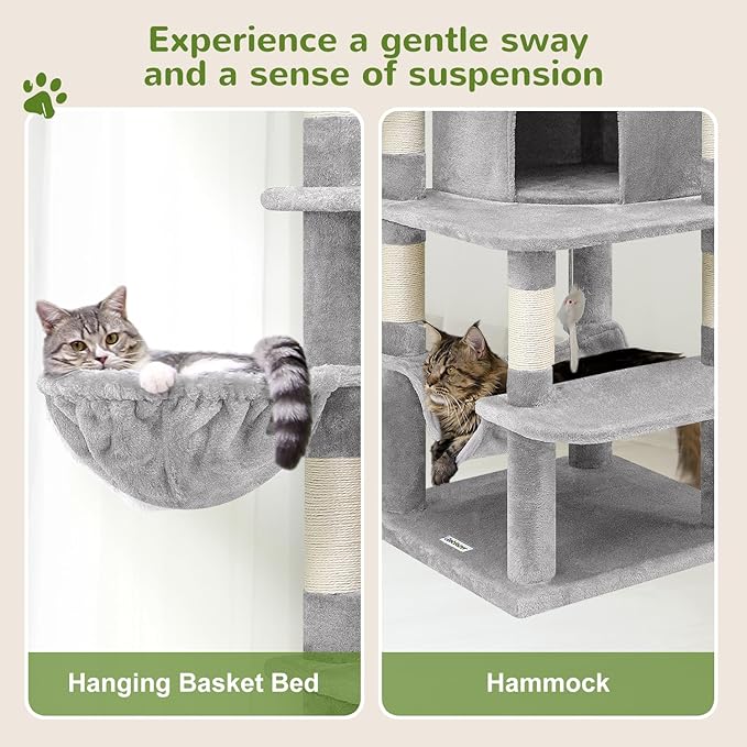 Globlazer Corner Cat Tree for Large Cats, 66inch Tall Curved Series Large Cat Tower for Multiple Indoor Cats with 6 Scratching Posts, 2 Spacious Cat Condos, Hammock, Hanging Basket, C66, Light Grey-PawvioPets