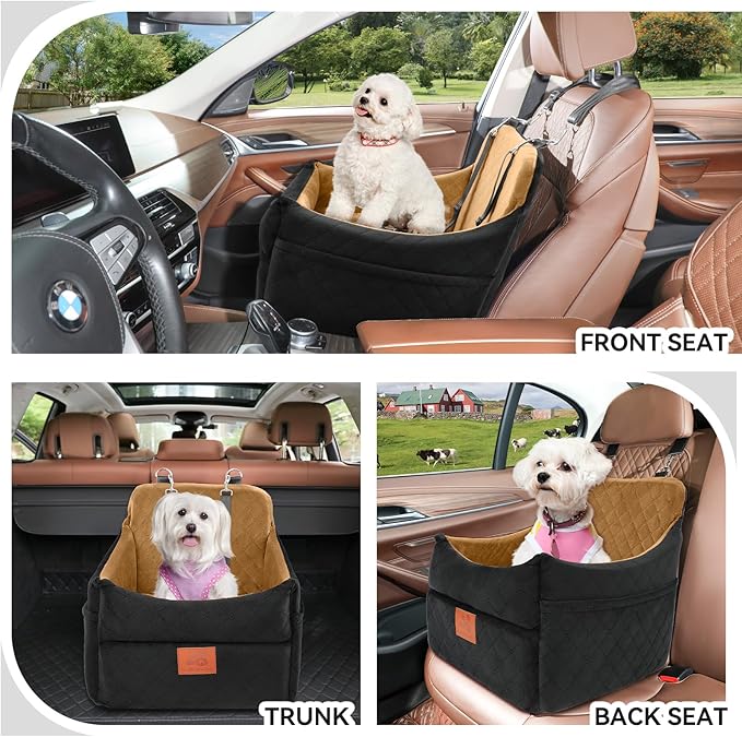 Dog Car Seat for Small/Medium Dogs, Dog Booster Car Seats with Thick Cushion for Dogs Under 35lbs, Detachable Washable Pet Car Seat with Storage Pockets, 2 Safety Belts(Black/Coffee)-PawvioPets