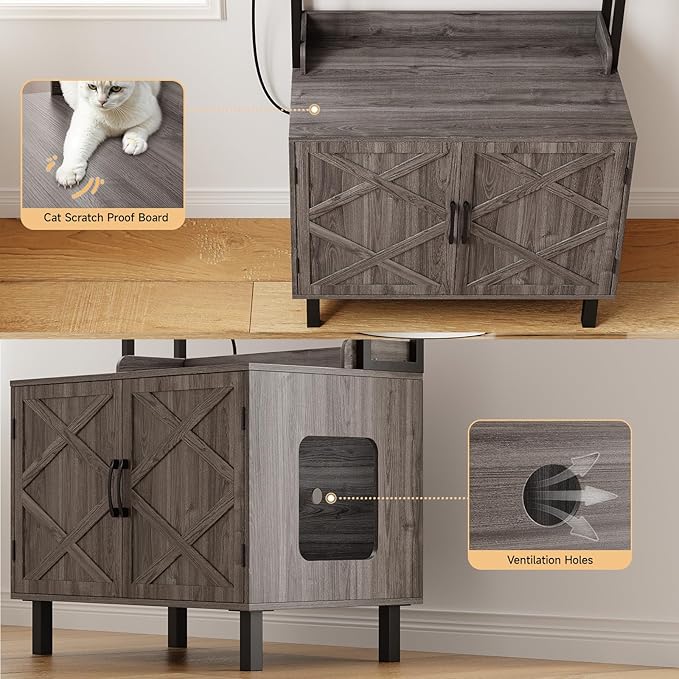 55 Inches Cat Litter Box Enclosure, Hidden Litter Box Furniture with 2 Storage Shelves and Charging Sockets, Wooden Cat House, Large Indoor Cabinet for Living Room & Entryway, Grey-PawvioPets