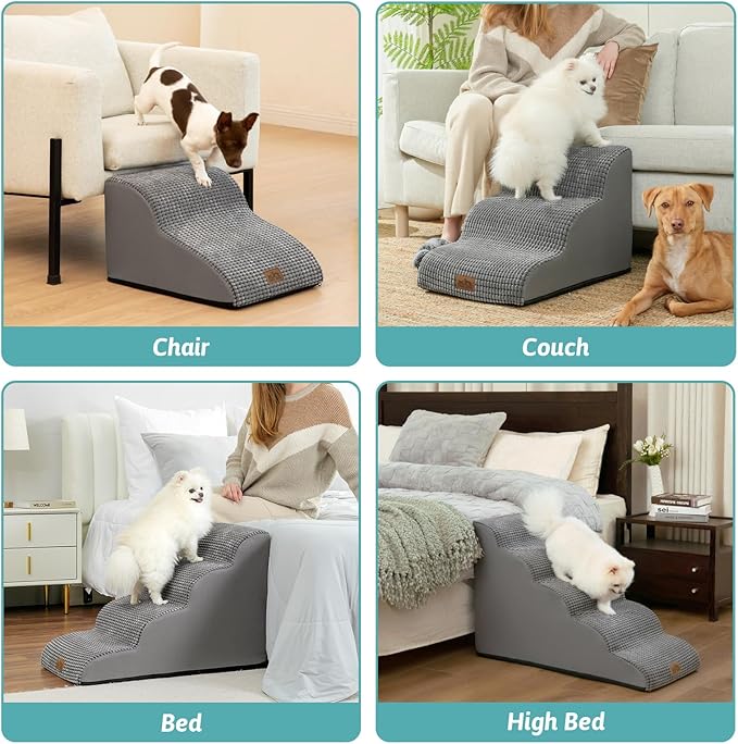 Dog Stairs for Small Dogs 15.7" H, Curved Dog Step for Puppy, Older Cat, Medium Pet Ramp for Sofa, Couch or Chair, Ladder with High Density Foam, 15.7x22.4x15.7 inch, 3 Step, Light Grey-PawvioPets