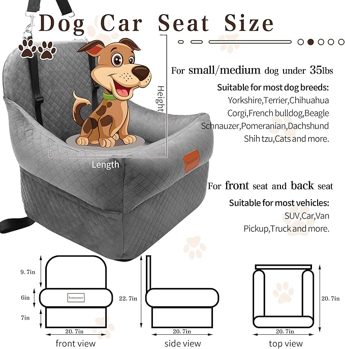 Dog Booster Car Seat with 7 Inches of Interior Height,Elevated Pet Car Seat for Small/Medium Sized Dogs,Puppy Portable Car Seat,Washable Removable Cover Travel Safety Car Seat,Easy to Use(H-Grey)-PawvioPets
