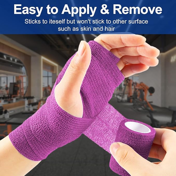 24 Pack 2 Inch x 5 Yards Self Adhesive Bandage Wrap, Elastic Cohesive Wrap 2 inch Vet Wrap Bandage Tape, Purple Grip Tape for Athletic, Sports, First Aid Medical, Wrist, Ankle Sprains-PawvioPets