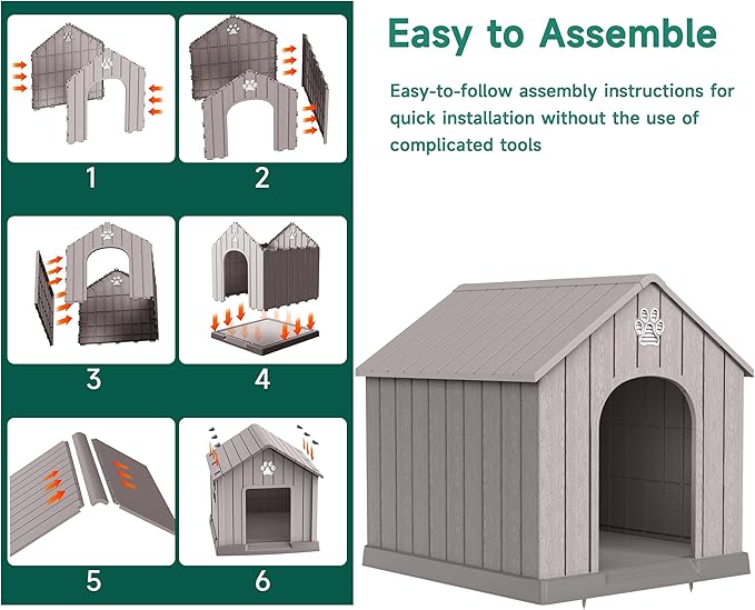DRATO Indoor Outdoor Waterproof Dog House,PP Material,Puppy Shelter with Air Vents and Elevated Floor,Sturdy Dog Kennel for Small to Large Sized Dogs, Easy to Assemble (Gray, 38.62×36.26×38.07 Inches)-PawvioPets