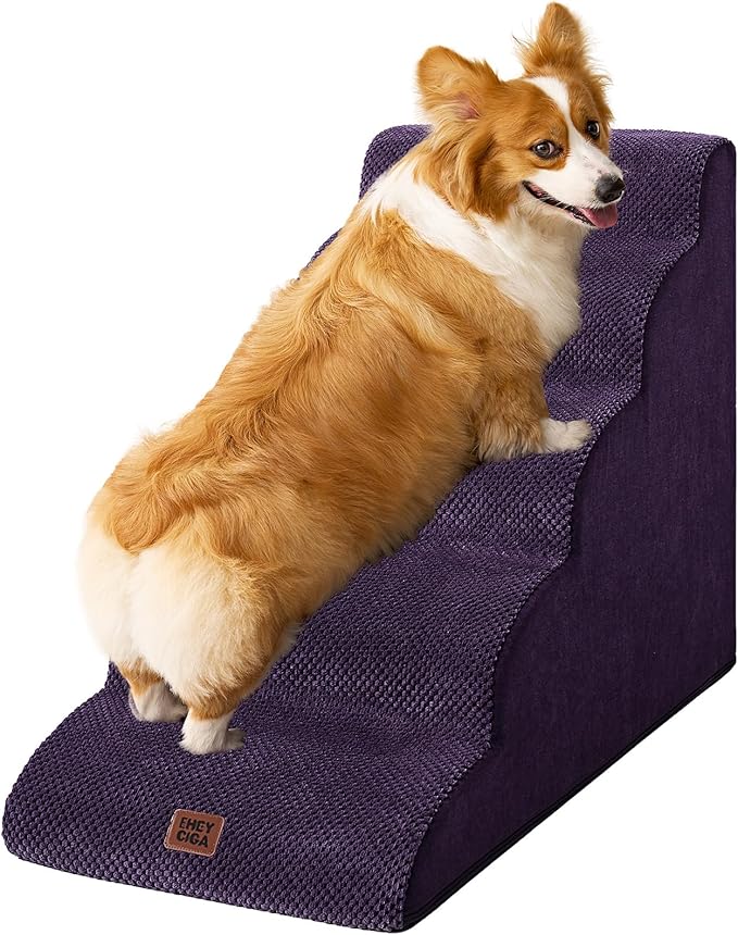 EHEYCIGA Curved Dog Stairs Ramp for High Beds 22.6" H, 5-Step Dog Steps for Small Dogs and Cats, Pet Stairs for High Bed Climbing, Non-Slip Balanced Pet Step Indoor, Purple-PawvioPets