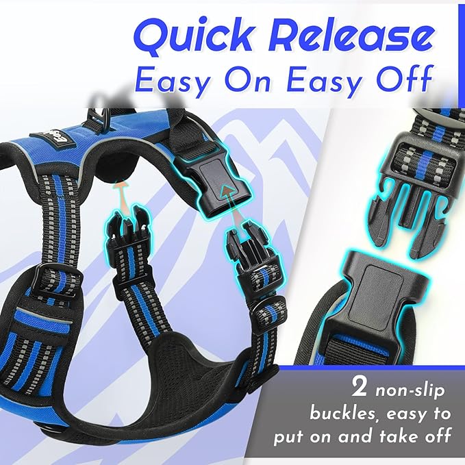 Eagloo Dog Harness for Large Dogs, No Pull Service Vest with Reflective Strips and Control Handle, Adjustable and Comfortable for Easy Walking, No Choke Pet Harness with 2 Metal Rings, Blue, L-PawvioPets